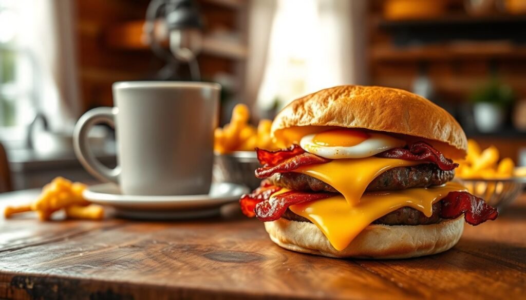 A beautifully arranged Breakfast Baconator served on a rustic wooden table. In the foreground, the sandwich is prominently featured, showcasing layers of crispy bacon, two sausage patties, a fried egg, and cheese, all nestled between a toasted bun. The melted cheese slightly drips, enhancing the mouthwatering appeal. In the middle ground, a steaming cup of coffee adds a breakfast ambiance, as well as a side of golden hash browns for balance. The background is softly blurred with a cozy kitchen setting, hints of morning light streaming through a nearby window, creating a warm and inviting atmosphere. Capture this scene with a slightly elevated angle, focusing on the textures and colors of the food, while maintaining a natural, appetizing look.