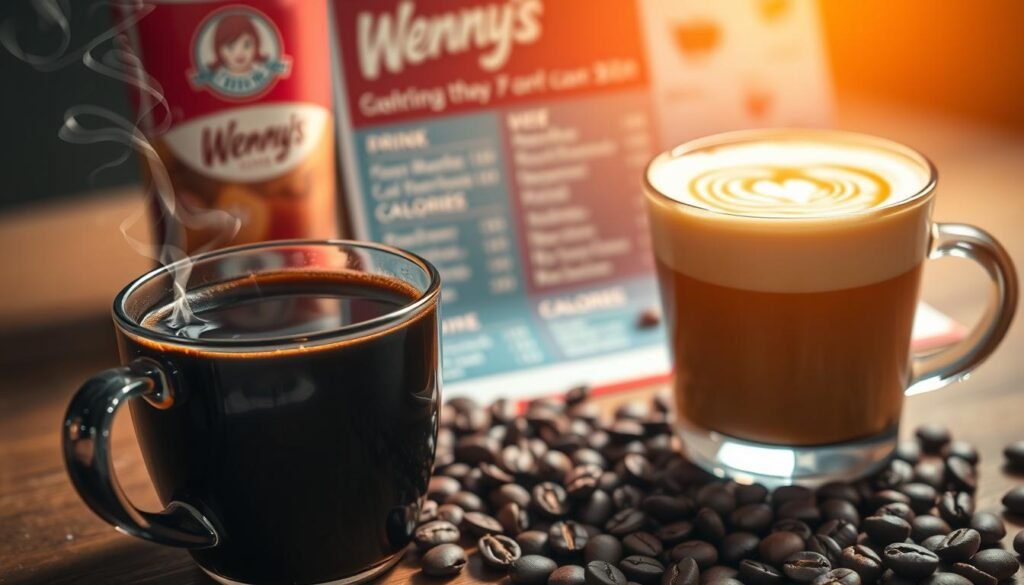 A beautifully arranged coffee scene focusing on various types of coffee drinks. In the foreground, a steaming cup of dark roasted coffee sits on a wooden table, glistening with tiny droplets of condensation. Next to it, a delicate cappuccino topped with whimsical latte art and a frothy milk layer. In the middle ground, an assortment of coffee beans scattered around a colorful menu from Wendy's featuring drink names and calorie counts subtly blurred in the background. The lighting is warm and inviting, creating a cozy atmosphere, hinting at early morning or late afternoon ambiance. The lens captures a close-up of the coffee cups with a shallow depth of field, and soft shadows enhance the textures of the drinks and the rich color of the beans. A beautifully arranged coffee scene focusing on various types of coffee drinks. In the foreground, a steaming cup of dark roasted coffee sits on a wooden table, glistening with tiny droplets of condensation. Next to it, a delicate cappuccino topped with whimsical latte art and a frothy milk layer. In the middle ground, an assortment of coffee beans scattered around a colorful menu from Wendy's featuring drink names and calorie counts subtly blurred in the background. The lighting is warm and inviting, creating a cozy atmosphere, hinting at early morning or late afternoon ambiance. The lens captures a close-up of the coffee cups with a shallow depth of field, and soft shadows enhance the textures of the drinks and the rich color of the beans.