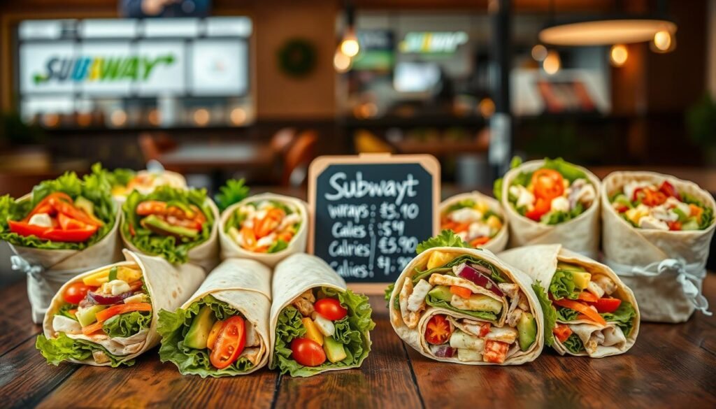 A beautifully arranged display of Subway wraps on a rustic wooden table, showcasing a variety of wraps filled with vibrant vegetables, deli meats, and sauces. In the foreground, a few wraps are partially unwrapped, revealing their fresh ingredients, such as lettuce, tomatoes, and avocado. In the middle ground, a small chalkboard sign lists their prices and calorie counts in elegant handwriting. The background features a soft-focus restaurant ambiance with warm, inviting lighting, evoking a cozy dining atmosphere. The scene captures the essence of a modern eatery, emphasizing the freshness and variety of Subway’s wrap offerings, creating an appetizing and engaging visual. Use a shallow depth of field to highlight the wraps while softening the background details.