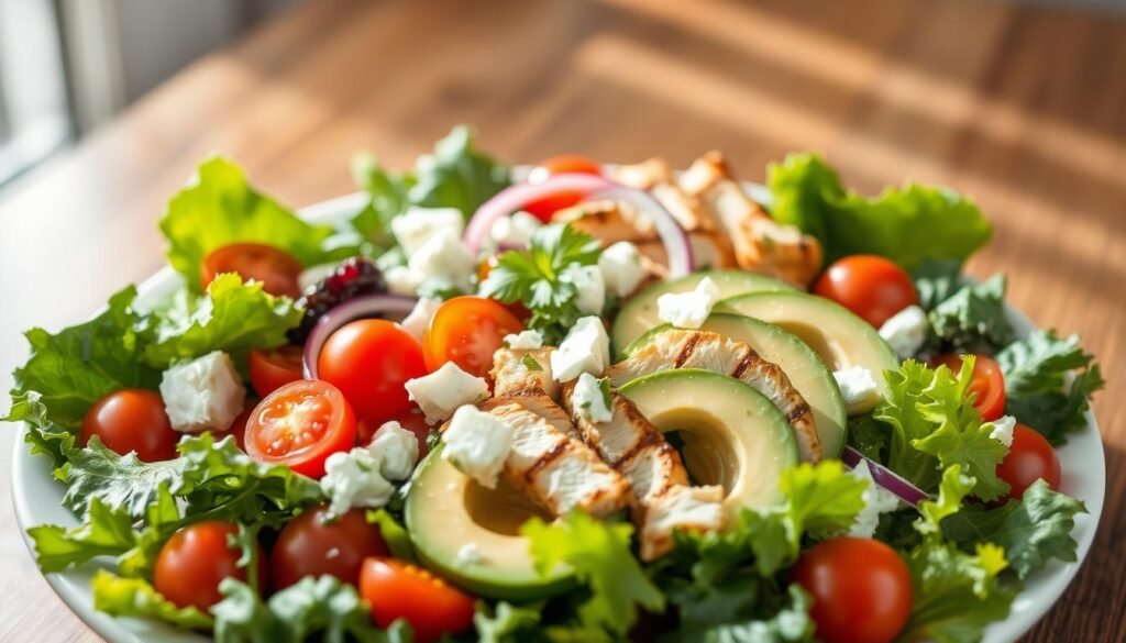A beautifully arranged keto-friendly salad featuring a variety of fresh ingredients. In the foreground, display crisp romaine and kale leaves interspersed with vibrant cherry tomatoes, creamy avocado slices, and tender grilled chicken pieces. Add a sprinkle of feta cheese and a garnish of fresh herbs like cilantro or parsley. In the middle ground, include a light drizzle of olive oil and a few slivers of red onion for contrast. The background showcases a soft-focus rustic wooden table, creating a warm and inviting atmosphere. Natural sunlight pours in, casting gentle highlights and shadows over the salad, enhancing the freshness of the ingredients. The composition is shot at a slight angle to provide depth, emphasizing the colorful textures and the overall appeal of the dish.