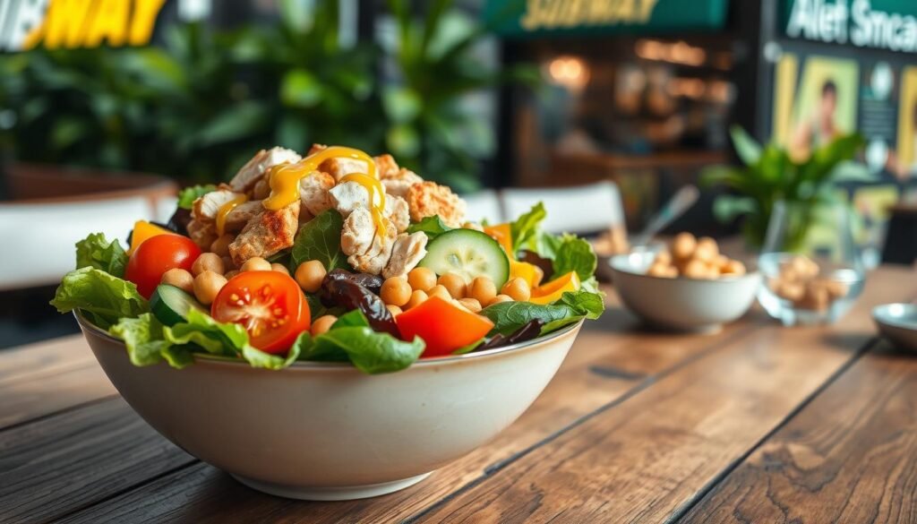 A beautifully arranged salad bowl set on a rustic wooden table, showcasing vibrant, fresh ingredients. In the foreground, tender mixed greens like romaine and spinach are topped with ripe cherry tomatoes, crunchy cucumber slices, and colorful bell peppers. An assortment of protein options such as grilled chicken and chickpeas is artfully placed on top, with a drizzle of light vinaigrette glistening under soft, natural daylight. The middle ground captures a small spoon and a bowl of croutons, adding a touch of elegance. In the background, softly blurred greenery and a hint of a subway sandwich shop can be seen, creating a casual dining atmosphere. The overall mood is inviting and healthy, encapsulating a wholesome and allergen-smart lifestyle choice.