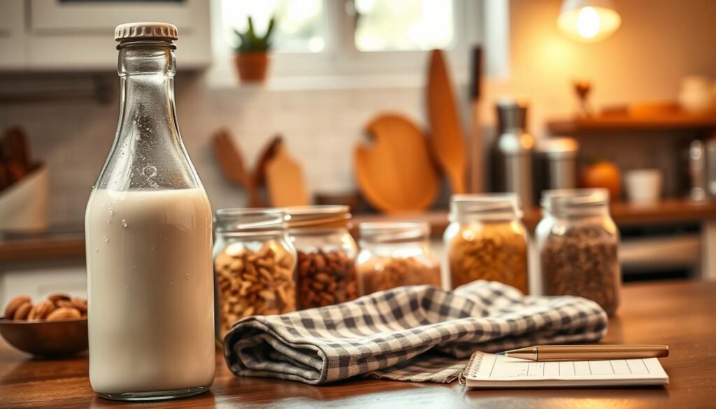 A bottle of fresh, creamy milk sits prominently in the foreground, with droplets of condensation glistening on its surface. Surrounding the milk bottle, several glass jars filled with various common allergens like nuts, wheat, and soy are arranged artistically. The middle ground features an elegantly styled kitchen countertop, complete with a folded checkered cloth and a small notepad with a pen, suggesting the theme of meal planning. In the background, soft, warm lighting infuses the scene, highlighting the inviting kitchen décor, while a hint of natural light streams in from a nearby window, creating a cozy atmosphere. The overall mood is informative yet comforting, suitable for discussing food safety and allergen awareness. A bottle of fresh, creamy milk sits prominently in the foreground, with droplets of condensation glistening on its surface. Surrounding the milk bottle, several glass jars filled with various common allergens like nuts, wheat, and soy are arranged artistically. The middle ground features an elegantly styled kitchen countertop, complete with a folded checkered cloth and a small notepad with a pen, suggesting the theme of meal planning. In the background, soft, warm lighting infuses the scene, highlighting the inviting kitchen décor, while a hint of natural light streams in from a nearby window, creating a cozy atmosphere. The overall mood is informative yet comforting, suitable for discussing food safety and allergen awareness.
