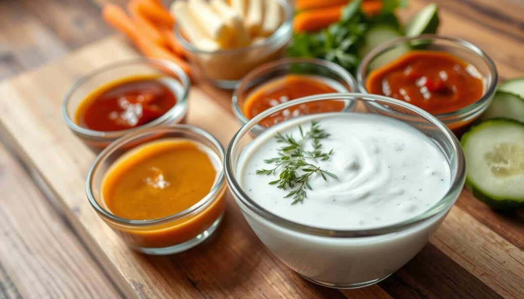 A close-up of a creamy, rich ranch dressing in a sleek glass bowl, placed prominently in the foreground. The ranch is garnished with a sprinkle of fresh herbs, such as parsley and dill, showcasing its texture and color. In the middle ground, a variety of dipping sauces in small bowls surround the ranch, including a zesty vinaigrette and a bold barbecue sauce, hinting at a diverse selection. The background features a rustic wooden table adorned with fresh vegetables like carrot sticks and cucumber slices, emphasizing a health-conscious theme. The lighting is soft and natural, creating a warm, inviting atmosphere. A shallow depth of field focuses on the ranch dressing, enhancing its allure and drawing the viewer's attention to the featured condiment.