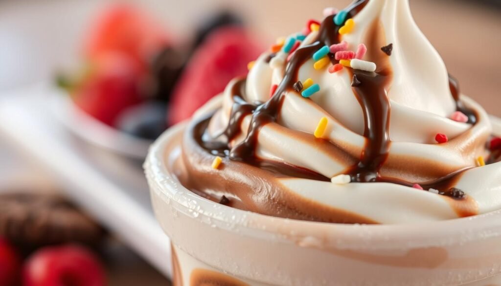 A close-up of a deliciously creamy Frosty dessert, showcasing a swirl of rich chocolate and vanilla flavors, topped with colorful sprinkles and a drizzle of chocolate sauce. The foreground features a frosty, glossy cup with condensation, emphasizing its coldness. In the middle background, vibrant ingredients like fresh berries and crushed cookies are artistically arranged, hinting at customizable toppings. The lighting is soft and inviting, creating a warm, cozy atmosphere, while a subtle bokeh effect adds depth to the image. Capture the indulgent essence of fast food desserts, focusing on texture and visual appeal, with a shallow depth of field that highlights the Frosty as the main subject against an enticing blur of dessert elements. A close-up of a deliciously creamy Frosty dessert, showcasing a swirl of rich chocolate and vanilla flavors, topped with colorful sprinkles and a drizzle of chocolate sauce. The foreground features a frosty, glossy cup with condensation, emphasizing its coldness. In the middle background, vibrant ingredients like fresh berries and crushed cookies are artistically arranged, hinting at customizable toppings. The lighting is soft and inviting, creating a warm, cozy atmosphere, while a subtle bokeh effect adds depth to the image. Capture the indulgent essence of fast food desserts, focusing on texture and visual appeal, with a shallow depth of field that highlights the Frosty as the main subject against an enticing blur of dessert elements.