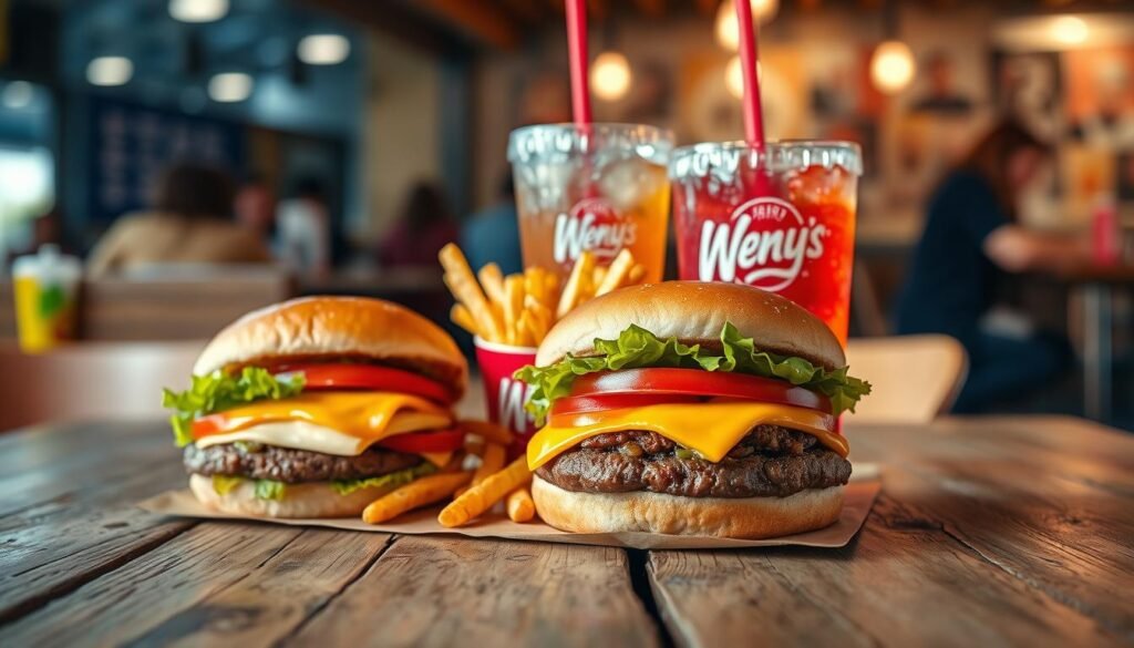 A close-up view of a "Biggie Bag" from Wendy's presented on a rustic wooden table. The foreground features a large, appetizing burger, topped with fresh lettuce, tomatoes, and melted cheese, alongside crispy fries served in a branded container. In the middle ground, add a refreshing iced drink, with condensation on the glass, showcasing vibrant colors. The background fades softly, depicting a cozy fast-food restaurant scene with warm lighting and blurred outlines of customers enjoying their meals. Aim for a vibrant, inviting atmosphere that highlights the value and comfort of fast food. The image should have bright, natural lighting, capturing textures of the food, using a slightly angled perspective to create depth. No text or logos should be visible. A close-up view of a "Biggie Bag" from Wendy's presented on a rustic wooden table. The foreground features a large, appetizing burger, topped with fresh lettuce, tomatoes, and melted cheese, alongside crispy fries served in a branded container. In the middle ground, add a refreshing iced drink, with condensation on the glass, showcasing vibrant colors. The background fades softly, depicting a cozy fast-food restaurant scene with warm lighting and blurred outlines of customers enjoying their meals. Aim for a vibrant, inviting atmosphere that highlights the value and comfort of fast food. The image should have bright, natural lighting, capturing textures of the food, using a slightly angled perspective to create depth. No text or logos should be visible.