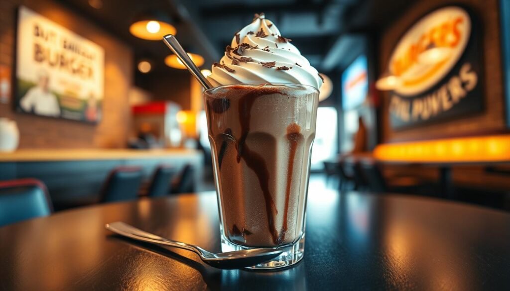 A close-up view of a decadent chocolate frosty in a clear cup, showcasing its rich, creamy texture and glossy sheen. The frosty is topped with a dollop of whipped cream, lightly drizzled with chocolate syrup, and sprinkled with chocolate shavings. In the foreground, the cup is set on a sleek black table surface, creating a striking contrast. In the middle, an inviting spoon rests beside the cup, hinting at indulgence. The background features a softly blurred burger joint interior, warm ambient lighting creating a cozy atmosphere, enhancing the dessert's allure. The angle is slightly elevated, capturing the frosty’s height and creamy layers. The scene conveys a sense of comfort and satisfaction, perfect for a sweet treat moment. A close-up view of a decadent chocolate frosty in a clear cup, showcasing its rich, creamy texture and glossy sheen. The frosty is topped with a dollop of whipped cream, lightly drizzled with chocolate syrup, and sprinkled with chocolate shavings. In the foreground, the cup is set on a sleek black table surface, creating a striking contrast. In the middle, an inviting spoon rests beside the cup, hinting at indulgence. The background features a softly blurred burger joint interior, warm ambient lighting creating a cozy atmosphere, enhancing the dessert's allure. The angle is slightly elevated, capturing the frosty’s height and creamy layers. The scene conveys a sense of comfort and satisfaction, perfect for a sweet treat moment.