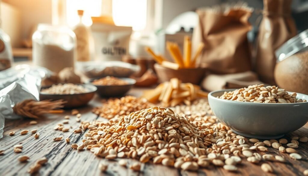 A close-up view of a rustic wooden table strewn with various gluten sources, such as whole wheat bread, pasta, and flour bags. In the foreground, a bowl of gluten-free grains and seeds is prominently featured, showcasing their textures and colors in rich detail. The middle ground showcases a scattering of wheat kernels, emphasizing the contrast between gluten-rich foods and gluten-free options. The background features a softly blurred image of a sunny kitchen space, with warm, natural light streaming through a window, casting gentle shadows. The atmosphere is inviting and informational, perfect for a culinary exploration of gluten's role in food. Aim for a warm color palette to enhance the inviting mood. A close-up view of a rustic wooden table strewn with various gluten sources, such as whole wheat bread, pasta, and flour bags. In the foreground, a bowl of gluten-free grains and seeds is prominently featured, showcasing their textures and colors in rich detail. The middle ground showcases a scattering of wheat kernels, emphasizing the contrast between gluten-rich foods and gluten-free options. The background features a softly blurred image of a sunny kitchen space, with warm, natural light streaming through a window, casting gentle shadows. The atmosphere is inviting and informational, perfect for a culinary exploration of gluten's role in food. Aim for a warm color palette to enhance the inviting mood.