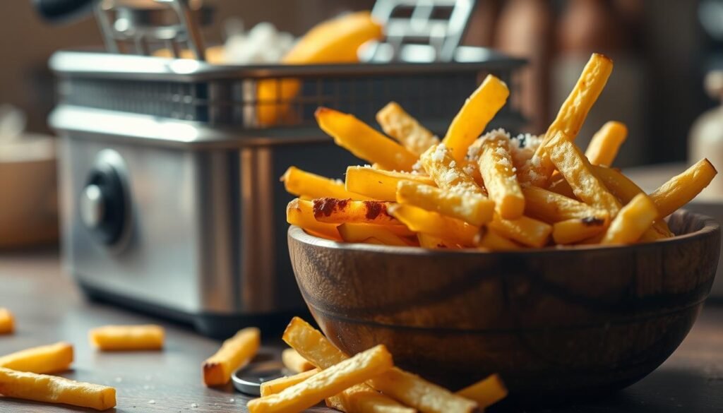 A close-up view of a serving of golden, crispy fries placed in a rustic wooden bowl, with some scattered fries around for texture. The fries should be glistening with a light sheen of oil, topped with a sprinkle of sea salt to enhance their appeal. In the background, a stainless steel fryer can be partially visible, hinting at the cooking process, with soft, warm lighting illuminating the scene to create a cozy and inviting atmosphere. The setting should evoke a sense of comfort food indulgence but also a subtle reminder of the potential health concerns. The image should be shot from a slightly elevated angle to capture the allure of the fries while keeping the focus on their texture and color, conveying a mood of casual dining with attention to detail.