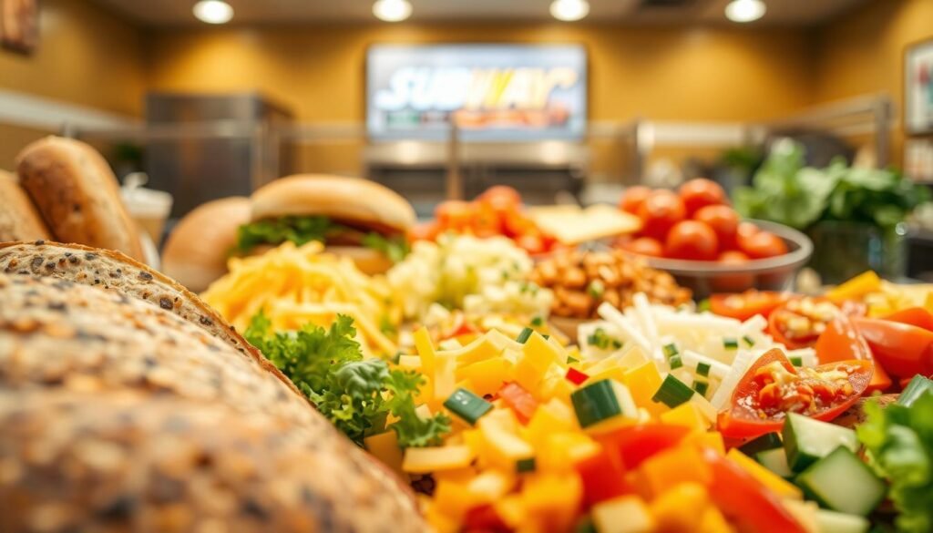 A close-up view of a vibrant Subway sandwich assembly station featuring various fresh ingredients. In the foreground, showcase a selection of artisan breads—ciabatta, whole grain, and white rolls—artistically arranged. In the middle ground, display an assortment of cheeses like cheddar, Swiss, and provolone, accompanied by colorful, chopped veggies such as lettuce, tomatoes, cucumbers, and peppers. The background should include an inviting ambiance with soft, warm lighting that highlights the freshness of the ingredients. Use a shallow depth of field to create a soft blur on the surroundings, emphasizing the delectable choice of bread, cheese, and veggies. The mood conveys a sense of excitement and customization, inviting the viewer to envision their perfect sandwich order. A close-up view of a vibrant Subway sandwich assembly station featuring various fresh ingredients. In the foreground, showcase a selection of artisan breads—ciabatta, whole grain, and white rolls—artistically arranged. In the middle ground, display an assortment of cheeses like cheddar, Swiss, and provolone, accompanied by colorful, chopped veggies such as lettuce, tomatoes, cucumbers, and peppers. The background should include an inviting ambiance with soft, warm lighting that highlights the freshness of the ingredients. Use a shallow depth of field to create a soft blur on the surroundings, emphasizing the delectable choice of bread, cheese, and veggies. The mood conveys a sense of excitement and customization, inviting the viewer to envision their perfect sandwich order.