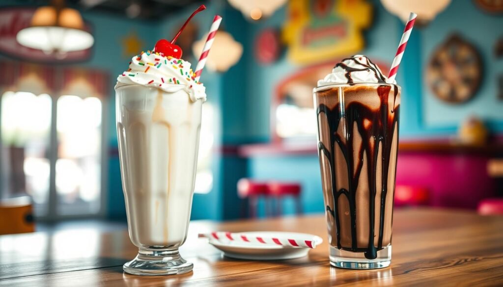A close-up view of two classic shakes elegantly presented on a wooden table. In the foreground, a rich, creamy vanilla shake topped with whipped cream, a cherry, and colorful sprinkles in a tall glass is juxtaposed with a chocolate shake drizzled with chocolate syrup. The middle ground features a small plate with a couple of straws waiting beside the shakes. In the background, soft-focus hints of a vibrant ice cream parlor interior, with retro decor and cheerful colors, enhance the atmosphere. Natural light filters in, casting a warm glow, capturing the delicious textures and glossy finishes of the shakes. The scene conveys a nostalgic, inviting vibe, evoking the excitement of classic ice cream treats. A close-up view of two classic shakes elegantly presented on a wooden table. In the foreground, a rich, creamy vanilla shake topped with whipped cream, a cherry, and colorful sprinkles in a tall glass is juxtaposed with a chocolate shake drizzled with chocolate syrup. The middle ground features a small plate with a couple of straws waiting beside the shakes. In the background, soft-focus hints of a vibrant ice cream parlor interior, with retro decor and cheerful colors, enhance the atmosphere. Natural light filters in, casting a warm glow, capturing the delicious textures and glossy finishes of the shakes. The scene conveys a nostalgic, inviting vibe, evoking the excitement of classic ice cream treats.