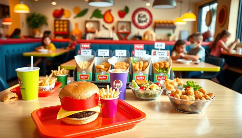 A colorful and inviting table setting featuring a variety of kids' meals from Wendy's, beautifully arranged with playful and child-friendly dishes. In the foreground, focus on a vibrant kids meal with a hamburger, small fries, and a drink, all neatly presented on a bright tray. In the middle, include a visual lineup of different meal options, such as chicken nuggets and salads, showcasing their appealing presentation, with prices subtly indicated. The background should display a family-friendly restaurant atmosphere, with cheerful decor and children enjoying their meals, adding warmth and liveliness to the scene. Utilize soft, natural lighting to create an inviting, wholesome feel, with a slight depth of field for a professional touch, capturing the essence of value and variety in kids meal pricing.