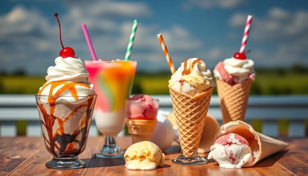 A colorful assortment of classic ice cream desserts featuring a variety of sundaes, floats, and cones arranged artfully on a wooden table. In the foreground, a rich chocolate sundae topped with whipped cream, a cherry, and drizzled with caramel sauce sits next to a vibrant rainbow sherbet float with a straw. Nearby, a traditional waffle cone is filled with scoops of vanilla and strawberry ice cream, partially melting in the summer heat. In the middle background, a dreamy, softly blurred landscape with a sunny sky enhances the excitement of the scene. The lighting is bright and cheerful, casting soft shadows to give depth. The overall mood is playful and inviting, perfect for ice cream lovers. A colorful assortment of classic ice cream desserts featuring a variety of sundaes, floats, and cones arranged artfully on a wooden table. In the foreground, a rich chocolate sundae topped with whipped cream, a cherry, and drizzled with caramel sauce sits next to a vibrant rainbow sherbet float with a straw. Nearby, a traditional waffle cone is filled with scoops of vanilla and strawberry ice cream, partially melting in the summer heat. In the middle background, a dreamy, softly blurred landscape with a sunny sky enhances the excitement of the scene. The lighting is bright and cheerful, casting soft shadows to give depth. The overall mood is playful and inviting, perfect for ice cream lovers.