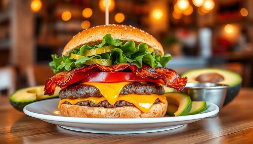 A delicious bunless burger featuring a juicy beef patty, topped with crisp lettuce, tomatoes, pickles, melted cheddar cheese, and crispy bacon. The burger is presented on a clean white plate, with fresh avocado slices and a side of keto-friendly dipping sauce. In the foreground, focus on the vibrant colors of the ingredients, showcasing the freshness and quality. The middle ground includes a wooden table, adding a rustic touch, while the background features a softly blurred restaurant environment with warm lighting that creates an inviting mood. Use a shallow depth of field to emphasize the burger and give it a mouth-watering allure, shot from a slightly elevated angle to capture its height and layers. No text or watermarks should be present.