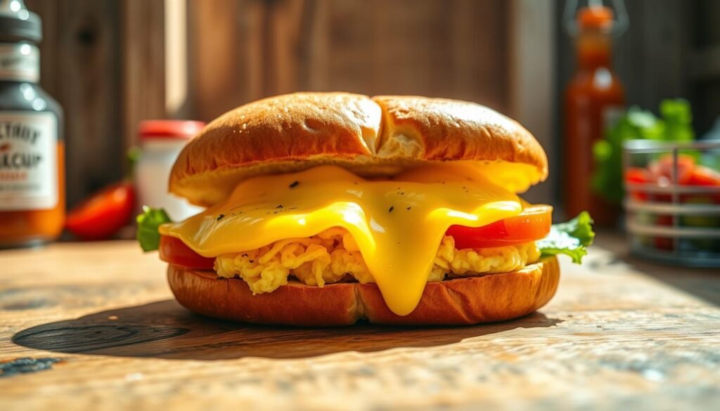 A delicious close-up of a freshly made egg and cheese sandwich, perfectly toasted on a soft, golden brown bun. In the foreground, the melted cheese oozes attractively over the fluffy scrambled eggs, with small flecks of black pepper visible. Slices of fresh tomato and crisp lettuce peek out from the sides, adding vibrant color. In the middle, a backdrop features a rustic wooden table with hints of breakfast condiments like ketchup and hot sauce in the corners. Natural morning sunlight illuminates the scene, casting a warm glow and soft shadows, enhancing the appetizing look of the sandwich. The camera angle is slightly above, focusing on the sandwich while creating depth with the tableware blurred in the background. The mood is inviting and wholesome, evoking a sense of a comforting breakfast experience.