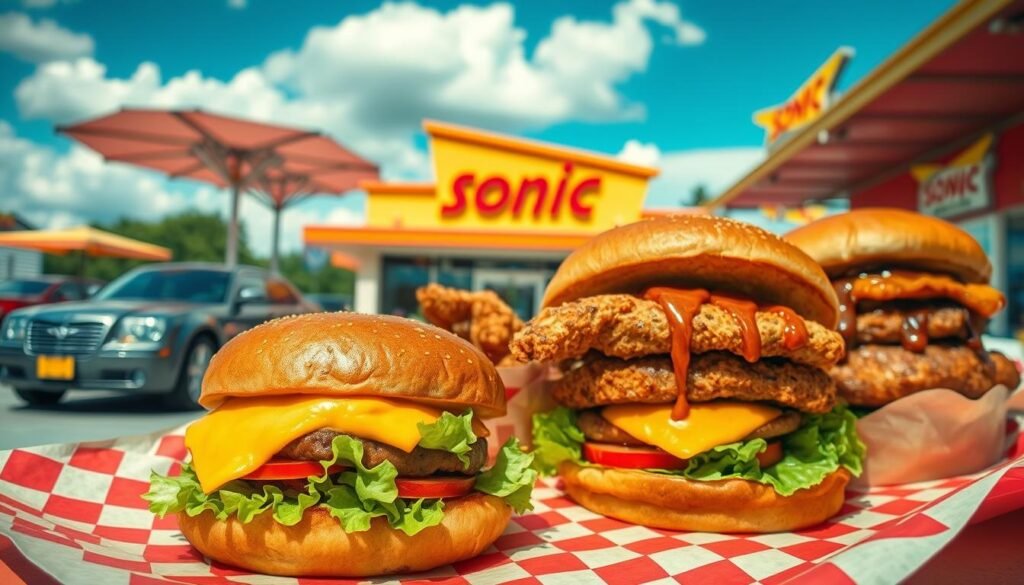 A delicious, mouth-watering arrangement of classic hamburgers served on vibrant checkered paper. In the foreground, showcase a golden-brown cheeseburger stacked with fresh lettuce, ripe tomato, a perfectly cooked patty, and melted cheese. Next to it, feature a crispy chicken sandwich and a classic double burger, both drizzled with special sauces. In the middle ground, set a backdrop of a bustling Sonic drive-in restaurant with cars parked under retro-style canopies, adding a nostalgic touch. In the background, include bright blue skies with fluffy clouds and a hint of the Sonic logo. Use warm, sunny lighting to create an inviting atmosphere, and employ a slightly angled perspective to enhance depth and focus on the burgers, creating an appetizing appeal that highlights the essence of fast-food comfort. A delicious, mouth-watering arrangement of classic hamburgers served on vibrant checkered paper. In the foreground, showcase a golden-brown cheeseburger stacked with fresh lettuce, ripe tomato, a perfectly cooked patty, and melted cheese. Next to it, feature a crispy chicken sandwich and a classic double burger, both drizzled with special sauces. In the middle ground, set a backdrop of a bustling Sonic drive-in restaurant with cars parked under retro-style canopies, adding a nostalgic touch. In the background, include bright blue skies with fluffy clouds and a hint of the Sonic logo. Use warm, sunny lighting to create an inviting atmosphere, and employ a slightly angled perspective to enhance depth and focus on the burgers, creating an appetizing appeal that highlights the essence of fast-food comfort.