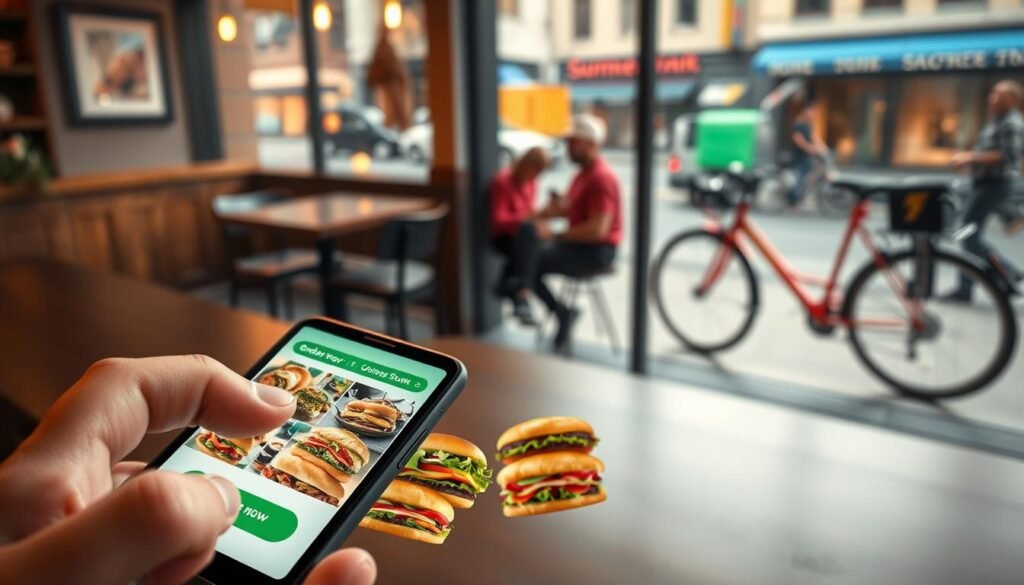 A modern mobile device displaying a user-friendly ordering app interface for Subway sandwiches, focused on vibrant images of delicious subs. In the foreground, a hand is tapping the "Order Now" button, showcasing a diverse selection of sandwiches with fresh ingredients, colorful vegetables, and appetizing toppings. The middle layer features a cozy café setting with a table and chairs, where a customer eagerly awaits their delivery. In the background, a large window reveals a bustling city street with a delivery bicycle parked outside, hinting at quick and efficient service. The lighting is warm and inviting, creating a casual yet vibrant atmosphere, shot from an elevated angle to capture the app screen clearly and the lively environment beyond. A modern mobile device displaying a user-friendly ordering app interface for Subway sandwiches, focused on vibrant images of delicious subs. In the foreground, a hand is tapping the "Order Now" button, showcasing a diverse selection of sandwiches with fresh ingredients, colorful vegetables, and appetizing toppings. The middle layer features a cozy café setting with a table and chairs, where a customer eagerly awaits their delivery. In the background, a large window reveals a bustling city street with a delivery bicycle parked outside, hinting at quick and efficient service. The lighting is warm and inviting, creating a casual yet vibrant atmosphere, shot from an elevated angle to capture the app screen clearly and the lively environment beyond.