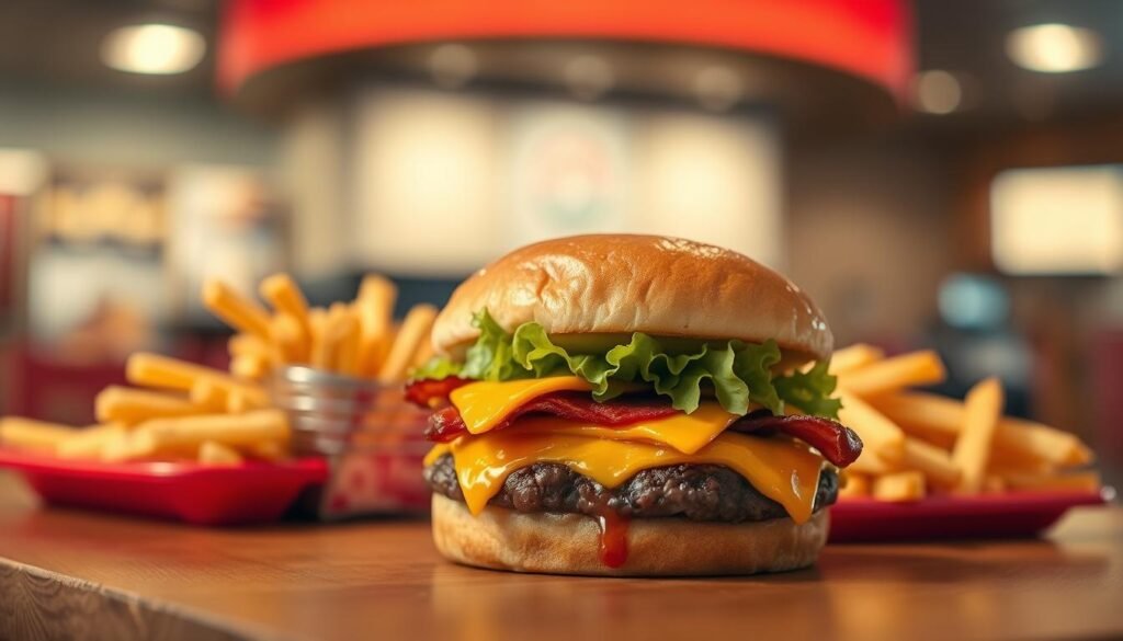 A mouth-watering Jr. Bacon Cheeseburger sits prominently in the foreground, showcasing layers of fresh lettuce, ripe tomato, crispy bacon, melted cheddar cheese, and a perfectly cooked beef patty nestled between a shiny, toasted bun. The burger glistens with a drizzle of mayonnaise and ketchup, emphasizing its juicy appeal. In the middle ground, a side of golden, crispy French fries complements the burger, arranged neatly on a vibrant red tray. The background features a soft-focus fast-food restaurant interior, with warm, inviting lighting that creates a cozy atmosphere and highlights the food. The scene is captured with a shallow depth of field, using a slightly elevated angle to draw attention to the burger’s delicious layers. The overall mood is appetizing and inviting, perfect for showcasing a staple of the Wendy's menu.