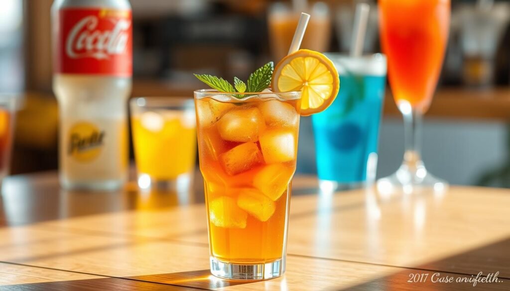 A refreshing glass of iced tea filled to the brim with ice cubes, garnished with a slice of lemon and a sprig of mint. The glass is placed on a wooden table, reflecting the sunlight that streams in from the right, casting soft shadows. In the background, there are other colorful drink options, like soft drinks and iced coffees, subtly out of focus to emphasize the iced tea in the foreground. The mood is bright and inviting, evoking a warm summer day. Use a shallow depth of field to draw attention to the iced tea while softly blurring the background. Natural lighting enhances the vibrant colors of the tea, making it look fresh and enticing.