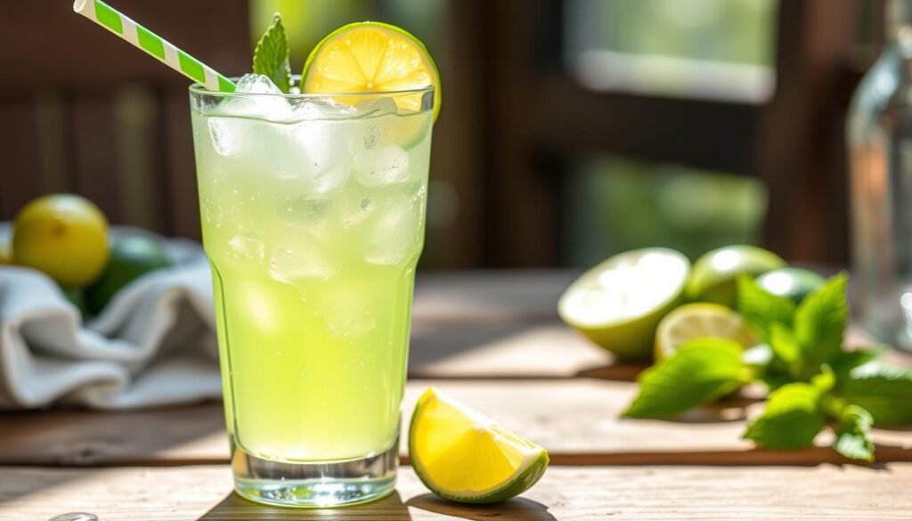 A refreshing limeade drink in a clear glass filled with ice, garnished with a fresh lime slice on the rim and a colorful striped straw. The bright green beverage sparkles in the sunlight, with light reflections creating an inviting, thirst-quenching appearance. In the background, a rustic wooden table setting complements the drink, along with some scattered lime wedges and mint leaves for added texture. Soft, natural light illuminates the scene, enhancing the vibrant color of the limeade. The angle captures the drink at eye level, emphasizing its refreshing qualities. The atmosphere should feel bright, cheerful, and summery, evoking a sense of relaxation and enjoyment.