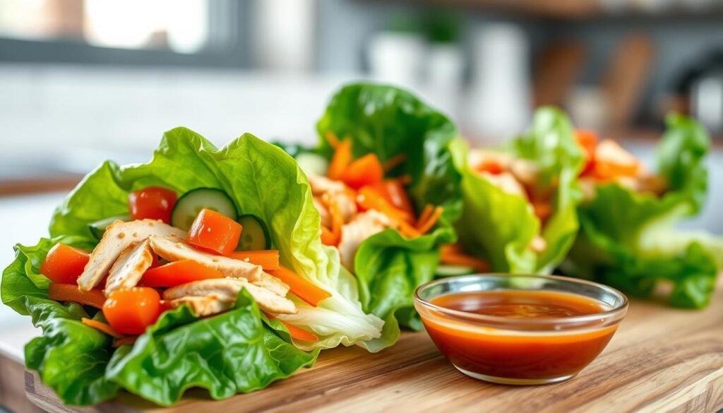 A refreshing, vibrant lettuce wrap filled with colorful fresh vegetables and lean proteins, displayed elegantly on a wooden cutting board. In the foreground, focus on the crisp green leaves of butter lettuce cradling slices of grilled chicken, bright cherry tomatoes, shredded carrots, and crunchy cucumbers, all glistening with a light drizzle of sesame dressing. In the middle ground, a small bowl of dipping sauce, showcasing a rich apricot glaze, complements the wrap. The background features a blurred out kitchen setting, hinting at a clean and modern space with soft, natural lighting illuminating the scene. The mood is healthy and inviting, conveying a sense of freshness and vitality, perfect for those seeking delicious, calorie-conscious meal options.