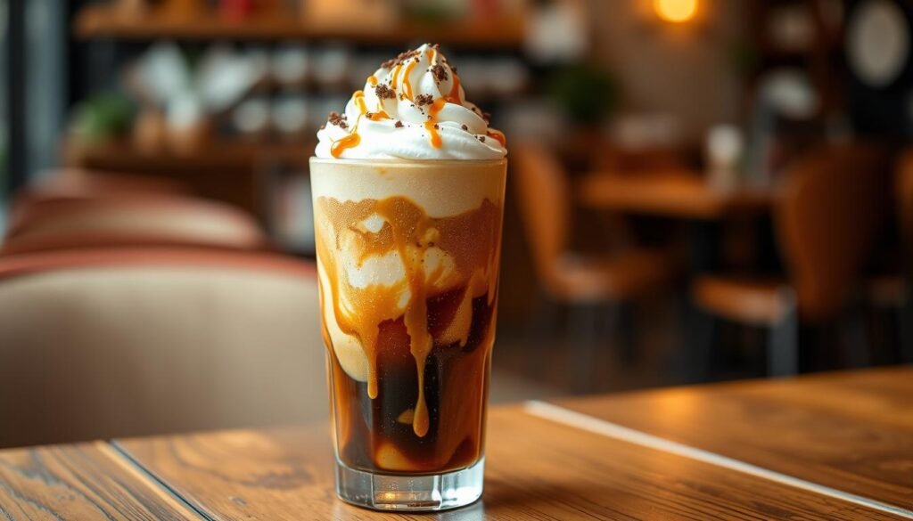 A rich, creamy caramel frosty cold brew sits elegantly in a tall glass, filled to the brim with swirling layers of dark coffee and luscious caramel cream. The drink is topped with a generous dollop of whipped cream drizzled with caramel sauce, and a sprinkle of cocoa powder for decoration. In the foreground, frosted droplets adorn the glass, hinting at the drink's chill. The middle ground softly blurs out a rustic wooden table, accentuating the focus on the beverage while complementing the warm, inviting tones of caramel. In the background, a subtle coffee shop ambiance features hints of cozy seating and a warm hue of ambient light. The overall atmosphere is inviting and refreshing, perfect for a coffee break. A rich, creamy caramel frosty cold brew sits elegantly in a tall glass, filled to the brim with swirling layers of dark coffee and luscious caramel cream. The drink is topped with a generous dollop of whipped cream drizzled with caramel sauce, and a sprinkle of cocoa powder for decoration. In the foreground, frosted droplets adorn the glass, hinting at the drink's chill. The middle ground softly blurs out a rustic wooden table, accentuating the focus on the beverage while complementing the warm, inviting tones of caramel. In the background, a subtle coffee shop ambiance features hints of cozy seating and a warm hue of ambient light. The overall atmosphere is inviting and refreshing, perfect for a coffee break.
