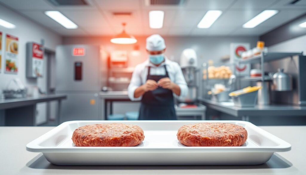 A split-screen illustration depicting cross-contamination in a fast-food environment. In the foreground, a clean white tray holds two burger patties: one labeled 'allergen-free' and the other 'contains allergens,' visibly marked with vibrant red. The middle layer features a busy fast-food kitchen, where a staff member in a professional uniform carefully separates ingredients, highlighting the importance of safety practices. In the background, a chaotic scene shows a mixing area with ingredients and tools improperly placed, emphasizing the risks of cross-contamination. The lighting is bright and clinical, simulating an antiseptic environment, while the angle captures a wide view of the space to convey a sense of urgency and caution. The overall mood reflects a serious commitment to food safety and allergy awareness. A split-screen illustration depicting cross-contamination in a fast-food environment. In the foreground, a clean white tray holds two burger patties: one labeled 'allergen-free' and the other 'contains allergens,' visibly marked with vibrant red. The middle layer features a busy fast-food kitchen, where a staff member in a professional uniform carefully separates ingredients, highlighting the importance of safety practices. In the background, a chaotic scene shows a mixing area with ingredients and tools improperly placed, emphasizing the risks of cross-contamination. The lighting is bright and clinical, simulating an antiseptic environment, while the angle captures a wide view of the space to convey a sense of urgency and caution. The overall mood reflects a serious commitment to food safety and allergy awareness.