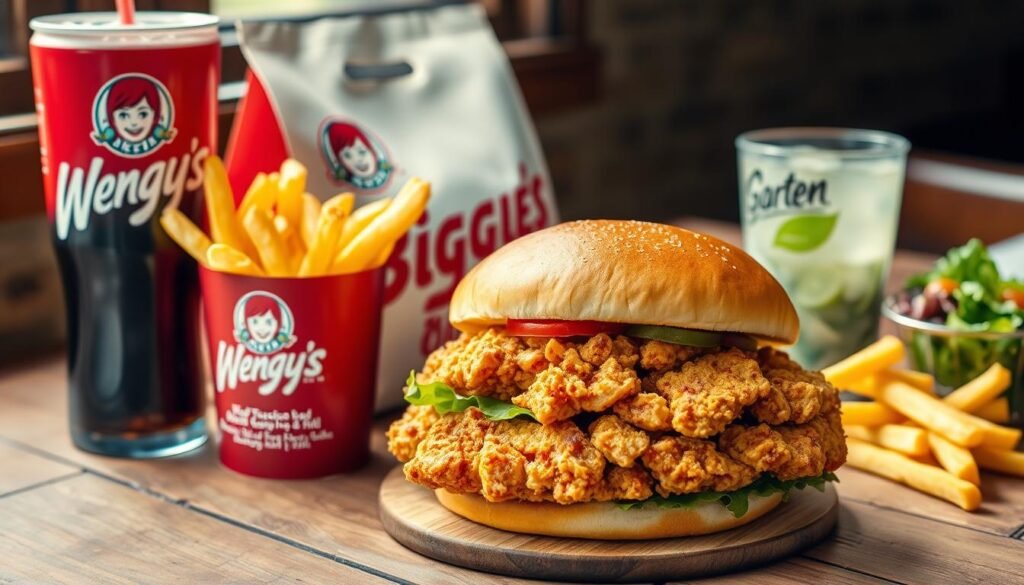 A tantalizing display of Wendy's Biggie Bag options, prominently featuring a large crispy chicken sandwich alongside a generous serving of seasoned fries and a chilled soft drink. The scene should be arranged on a rustic wooden table, with the foreground highlighting the vibrant colors of the food, emphasizing the golden-brown chicken and the fresh toppings. In the middle background, include a neatly packaged Biggie Bag with its iconic branding, alongside a delicious-looking side item like a garden salad. Soft, natural lighting should illuminate the food, creating an inviting atmosphere. Capture the image from a slightly elevated angle, ensuring the food looks substantial and appealing, evoking the excitement of value dining.