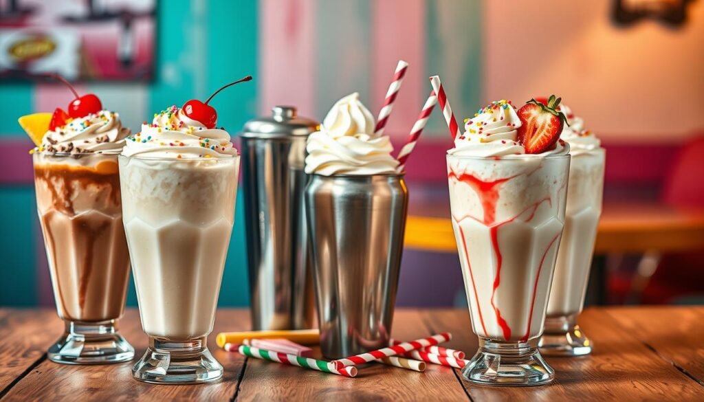 A tantalizing display of creamy shakes and frozen drinks artfully arranged on a vintage wooden table, with three different flavors: chocolate, vanilla, and strawberry. The foreground features tall, frosty glasses overflowing with whipped cream and colorful sprinkles, garnished with fresh fruit and a cherry on top. In the middle, a sleek metal shaker and a scoop of ice cream are artistically placed alongside vibrant straws. In the background, soft-focus pastel colors suggest a cheerful diner atmosphere, with warm lighting enhancing the creamy textures and the deliciousness of the desserts. The overall mood is inviting and playful, perfect for showcasing indulgent treats. A tantalizing display of creamy shakes and frozen drinks artfully arranged on a vintage wooden table, with three different flavors: chocolate, vanilla, and strawberry. The foreground features tall, frosty glasses overflowing with whipped cream and colorful sprinkles, garnished with fresh fruit and a cherry on top. In the middle, a sleek metal shaker and a scoop of ice cream are artistically placed alongside vibrant straws. In the background, soft-focus pastel colors suggest a cheerful diner atmosphere, with warm lighting enhancing the creamy textures and the deliciousness of the desserts. The overall mood is inviting and playful, perfect for showcasing indulgent treats.