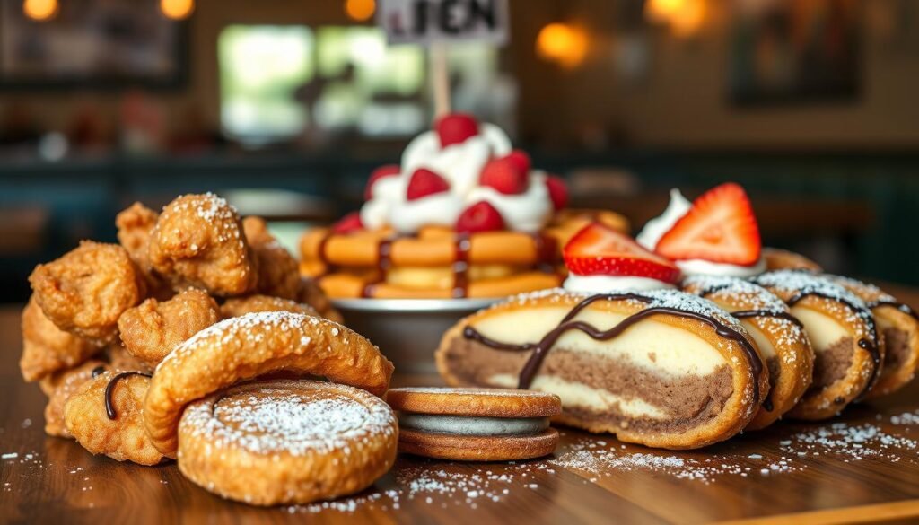 A tempting assortment of fried desserts featured prominently on a wooden table. In the foreground, perfectly golden-brown fried Oreos dusted with powdered sugar, alongside crispy fried cheesecake slices drizzled with chocolate sauce. In the middle, a vibrant dish of funnel cake, steaming slightly, topped with a mountain of whipped cream and fresh strawberries. The background contains a mellow diner setting, with warm lighting casting a cozy glow over the scene. The focus is sharp, capturing the textures of each dessert, while a slight vignette effect softens the edges, enhancing the inviting mood. The overall atmosphere is cheerful and indulgent, perfect for ice cream lovers seeking delightful crunchy add-ons. A tempting assortment of fried desserts featured prominently on a wooden table. In the foreground, perfectly golden-brown fried Oreos dusted with powdered sugar, alongside crispy fried cheesecake slices drizzled with chocolate sauce. In the middle, a vibrant dish of funnel cake, steaming slightly, topped with a mountain of whipped cream and fresh strawberries. The background contains a mellow diner setting, with warm lighting casting a cozy glow over the scene. The focus is sharp, capturing the textures of each dessert, while a slight vignette effect softens the edges, enhancing the inviting mood. The overall atmosphere is cheerful and indulgent, perfect for ice cream lovers seeking delightful crunchy add-ons.