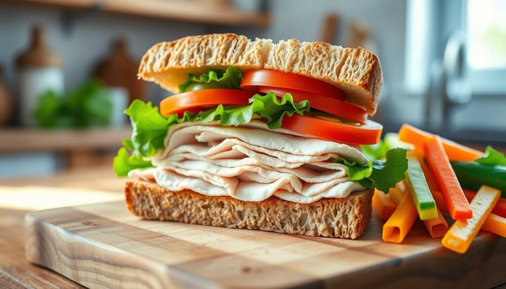 A vibrant and appetizing image of a freshly made turkey sandwich, prominently featuring lean turkey breast piled high on whole-grain bread, garnished with crisp lettuce, juicy tomato slices, and a touch of mustard. The sandwich is placed on a rustic wooden cutting board, with a side of colorful vegetable sticks enhancing the healthy aspect. In the background, a softly blurred kitchen setting suggests a cozy dining atmosphere, with natural light streaming in through a nearby window, casting gentle shadows. The overall mood is inviting and fresh, reflecting the idea of a nutritious meal choice. The image should be captured with a slight top-down angle to showcase the sandwich's layers, emphasizing its freshness and appealing ingredients.
