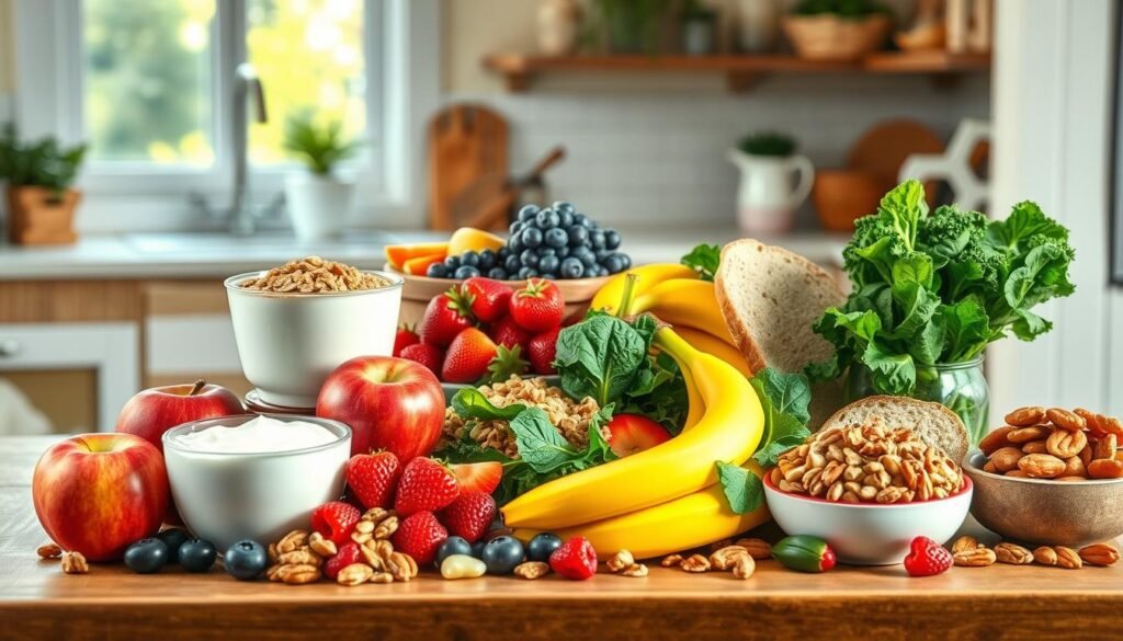 A vibrant and colorful display of nutritious ingredients ideal for kids, arranged artfully on a wooden table. In the foreground, fresh fruits like apples, bananas, and berries are piled next to bowls of creamy yogurt and granola. Transitioning to the middle ground, bright, leafy greens like spinach and kale contrast with whole grain bread slices and assorted nuts. In the background, a sunny kitchen setting with soft, natural light pouring in from a window creates a warm and inviting atmosphere. The angle captures a slightly elevated view, providing a fresh perspective on the healthy meal components. The overall mood is cheerful and wholesome, promoting healthy eating choices for children. The scene is free from any text or distractions, focusing solely on the ingredients.