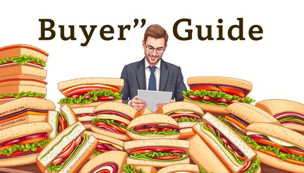 A vibrant and engaging illustration of a "Buyer's Guide" focused on selecting sandwiches from Jimmy John's menu, set against a clean, minimalistic background. In the foreground, display a large, well-arranged sandwich platter with various sizes and types of sandwiches, beautifully garnished with fresh veggies and condiments, emphasizing a diverse array of options for different dietary goals. In the middle ground, include a friendly, professional-looking individual dressed in smart casual attire, analyzing the sandwiches with a thoughtful expression, possibly holding a notepad or tablet. Soft, natural lighting creates an inviting atmosphere, while an overhead angle captures the delightful assortment of sandwiches, showcasing their texture and freshness for a visually appealing and informative image.