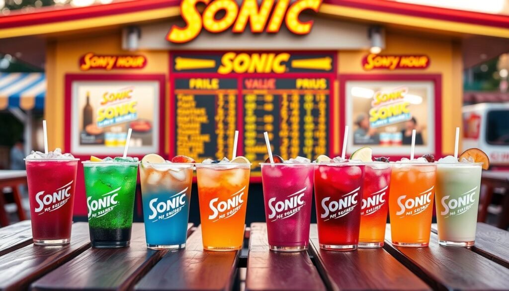 A vibrant and inviting scene showcasing a Sonic Happy Hour menu, laid out on a wooden picnic table. In the foreground, a colorful array of Sonic's signature drink cups in various flavors, each topped with ice and garnished with fruit slices. The middle features a classic Sonic menu board displaying prices in an appealing, visually pleasing manner, emphasizing value and variety. In the background, the iconic retro-style Sonic drive-in building with cheerful colors and signage, subtly blurred to enhance focus on the menu. Soft golden hour lighting casts a warm glow over the scene, creating an inviting, friendly atmosphere perfect for casual dining. The image should capture a sense of excitement and affordability, ideal for enticing viewers. A vibrant and inviting scene showcasing a Sonic Happy Hour menu, laid out on a wooden picnic table. In the foreground, a colorful array of Sonic's signature drink cups in various flavors, each topped with ice and garnished with fruit slices. The middle features a classic Sonic menu board displaying prices in an appealing, visually pleasing manner, emphasizing value and variety. In the background, the iconic retro-style Sonic drive-in building with cheerful colors and signage, subtly blurred to enhance focus on the menu. Soft golden hour lighting casts a warm glow over the scene, creating an inviting, friendly atmosphere perfect for casual dining. The image should capture a sense of excitement and affordability, ideal for enticing viewers.