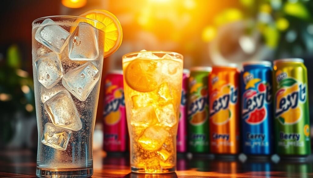 A vibrant and refreshing scene featuring a glass of sparkling energy drink filled with effervescent bubbles, illuminated by soft, golden sunlight. In the foreground, the glass is adorned with ice cubes and garnished with a slice of citrus fruit, droplets of condensation glistening on its surface. In the middle ground, an array of colorful energy drink cans showcasing various flavors—like berry, citrus, and tropical—are displayed artistically. The background evokes a lively café ambiance with blurred hints of greenery and abstract shapes, suggesting an energetic atmosphere. The composition captures a sense of vitality and refreshment, emphasizing the invigorating properties of the beverage, while maintaining a cheerful and inviting mood.