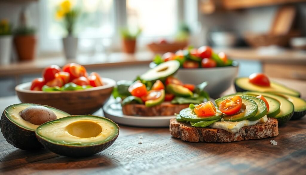 A vibrant arrangement of dairy-free avocado dishes, featuring a sliced ripe avocado with a creamy, green texture, beautifully displayed on a rustic wooden table. In the foreground, a halved avocado sits next to a spread of avocado toast topped with fresh tomatoes and a sprinkle of sea salt. The middle layer showcases a colorful salad with greens, cherry tomatoes, and avocado slices, drizzled with a light vinaigrette. The background features a softly blurred kitchen setting, with warm, natural light streaming in from a nearby window, creating an inviting atmosphere. The overall mood is fresh and healthy, emphasizing the delicious appeal of dairy-free eating. The image should have a shallow depth of field, focusing sharply on the avocados while gently blurring the background.