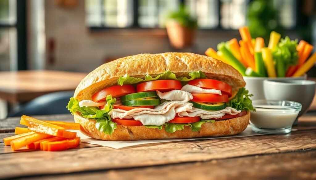 A vibrant, close-up image of a healthy Subway "Fresh Fit" sandwich, prominently featuring lean turkey and fresh vegetables like crisp lettuce, ripe tomatoes, cucumbers, and green peppers, all nestled in whole-grain bread. The sandwich should be placed on a rustic wooden table with a background softly blurred, suggesting a cozy, inviting deli atmosphere. Natural sunlight streams in from a nearby window, casting gentle shadows and highlighting the freshness of the ingredients. Include a side of colorful, freshly cut vegetable sticks and a small bowl of light dressing, enhancing the health-conscious theme. The mood is fresh and appetizing, evoking a sense of healthy living and balanced nutrition. No text or watermarks in the image. A vibrant, close-up image of a healthy Subway "Fresh Fit" sandwich, prominently featuring lean turkey and fresh vegetables like crisp lettuce, ripe tomatoes, cucumbers, and green peppers, all nestled in whole-grain bread. The sandwich should be placed on a rustic wooden table with a background softly blurred, suggesting a cozy, inviting deli atmosphere. Natural sunlight streams in from a nearby window, casting gentle shadows and highlighting the freshness of the ingredients. Include a side of colorful, freshly cut vegetable sticks and a small bowl of light dressing, enhancing the health-conscious theme. The mood is fresh and appetizing, evoking a sense of healthy living and balanced nutrition. No text or watermarks in the image.