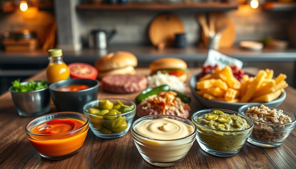 A vibrant display of a variety of sauces and toppings, elegantly arranged on a wooden table. In the foreground, focus on colorful condiments like a rich, red ketchup, bright yellow mustard, creamy mayo, and vibrant green guacamole served in small bowls. Add sautéed onions, pickles, and jalapeños as additional toppings. In the middle ground, a selection of burger patties and fresh buns lay ready for assembly. The background features a subtle, rustic kitchen setting with warm lighting creating an inviting atmosphere, enhancing the colors of the sauces. Capture this scene from a slightly elevated angle, ensuring a dynamic perspective that invites the viewer in, while maintaining a clean and professional aesthetic without any text or distractions. A vibrant display of a variety of sauces and toppings, elegantly arranged on a wooden table. In the foreground, focus on colorful condiments like a rich, red ketchup, bright yellow mustard, creamy mayo, and vibrant green guacamole served in small bowls. Add sautéed onions, pickles, and jalapeños as additional toppings. In the middle ground, a selection of burger patties and fresh buns lay ready for assembly. The background features a subtle, rustic kitchen setting with warm lighting creating an inviting atmosphere, enhancing the colors of the sauces. Capture this scene from a slightly elevated angle, ensuring a dynamic perspective that invites the viewer in, while maintaining a clean and professional aesthetic without any text or distractions.
