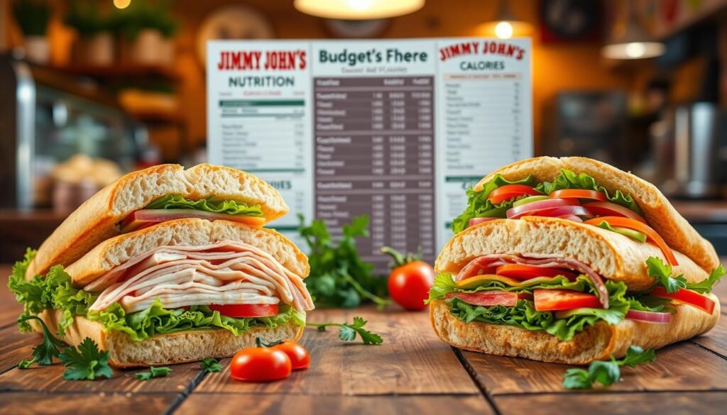 A vibrant display of popular sandwiches from Jimmy John's arranged on a rustic wooden table, emphasizing their unique ingredients and calorie content. In the foreground, two sandwiches are highlighted: a turkey club and a veggie sub, each cut in half to show the colorful fillings. Fresh vegetables like lettuce, tomatoes, and peppers are scattered artfully around them. The middle ground features a nutrition chart with calorie counts subtly visible, surrounded by fresh herbs. The background is softly blurred, showing a cozy deli setting with warm lighting that creates a welcoming atmosphere. Shot with a shallow depth of field, the image captures a lively, appetizing look at healthy sandwich options, evoking a sense of budget-friendly indulgence. A vibrant display of popular sandwiches from Jimmy John's arranged on a rustic wooden table, emphasizing their unique ingredients and calorie content. In the foreground, two sandwiches are highlighted: a turkey club and a veggie sub, each cut in half to show the colorful fillings. Fresh vegetables like lettuce, tomatoes, and peppers are scattered artfully around them. The middle ground features a nutrition chart with calorie counts subtly visible, surrounded by fresh herbs. The background is softly blurred, showing a cozy deli setting with warm lighting that creates a welcoming atmosphere. Shot with a shallow depth of field, the image captures a lively, appetizing look at healthy sandwich options, evoking a sense of budget-friendly indulgence.