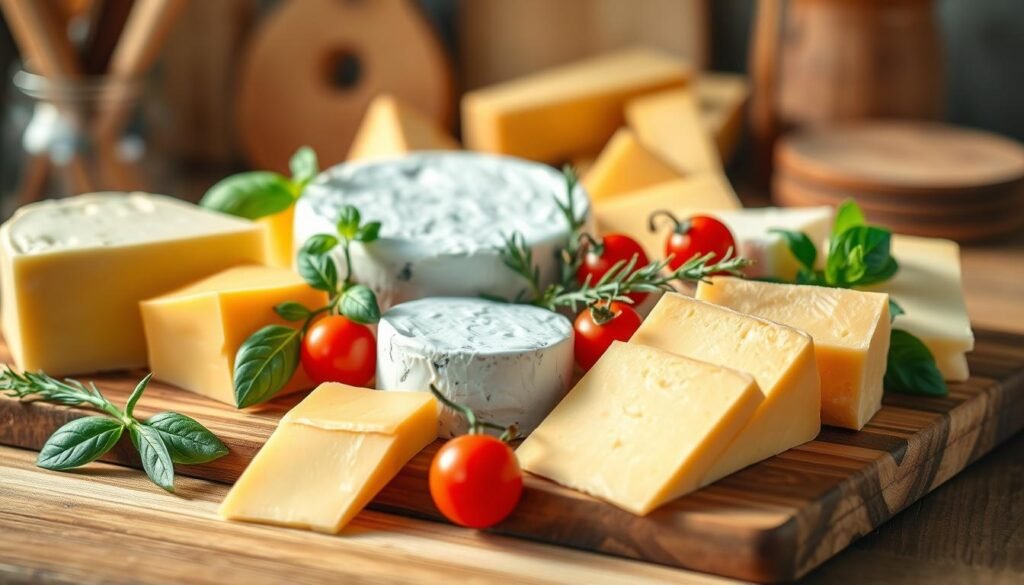 A vibrant display of various cheese types arranged elegantly on a wooden cutting board. In the foreground, a block of creamy cheddar, a wheel of brie with a soft white rind, and sharp slices of gouda feature prominently. In the middle, delicate sprigs of fresh herbs, such as basil and rosemary, add a touch of green, while a few ripe cherry tomatoes provide a pop of color. The background softly fades into a rustic kitchen scene, with subtle hints of soft-focus utensils and a wooden table. Warm, natural lighting illuminates the cheese, creating inviting textures and shadows that enhance their rich colors. The overall atmosphere is cozy and appetizing, perfect for a fresh sandwich topping inspiration.