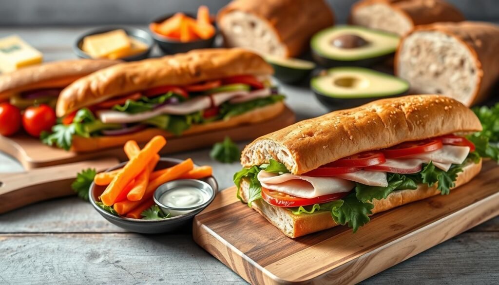 A vibrant, enticing flat lay of a selection of Jimmy John's sandwiches, artfully arranged to showcase smart customizations that reduce calories. In the foreground, feature a classic sub with colorful fresh vegetables like spinach, tomatoes, and cucumbers, along with lean turkey slices, all displayed on a rustic wooden board. The middle ground should include a small portioned plate with a side of crunchy carrot sticks and a light dipping sauce, emphasizing healthy options. In the background, softly blurred, there are ingredients like low-fat cheese, avocado slices, and whole grain bread to suggest customization possibilities. Natural lighting highlights the freshness of the ingredients, creating an inviting atmosphere. The overall mood is nutritious, fresh, and appealing, catering to health-conscious choices without text or overlays.