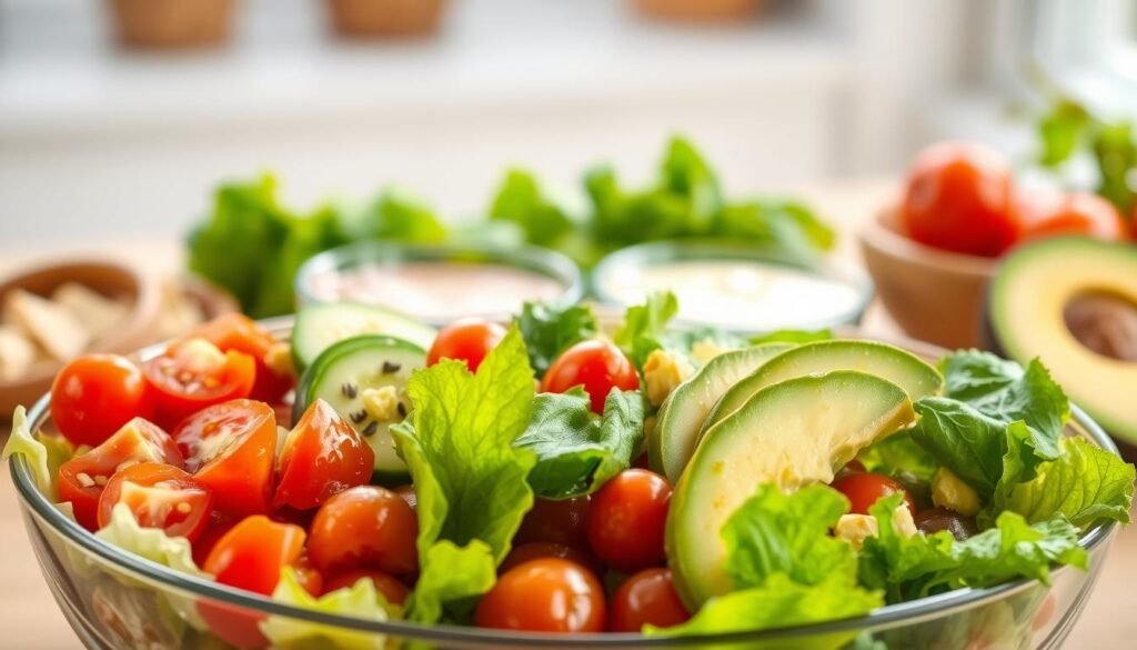 A vibrant, fresh salad displayed prominently in the foreground, featuring a variety of ingredients like crisp romaine lettuce, juicy cherry tomatoes, crunchy cucumbers, and sliced avocados, all drizzled with a light vinaigrette. The salad bowl is made of clear glass to highlight the colorful layers of the ingredients. In the middle ground, there’s a selection of assorted dressings in small bowls, each labeled for clarity. The background is softly blurred to emphasize the salad, with natural light streaming in, creating a fresh and inviting atmosphere. Use a slight top-down angle to capture the full arrangement, suggesting a healthy, nutritious meal. The overall mood is fresh, appetizing, and visually appealing, perfect for a nutrition-focused article.
