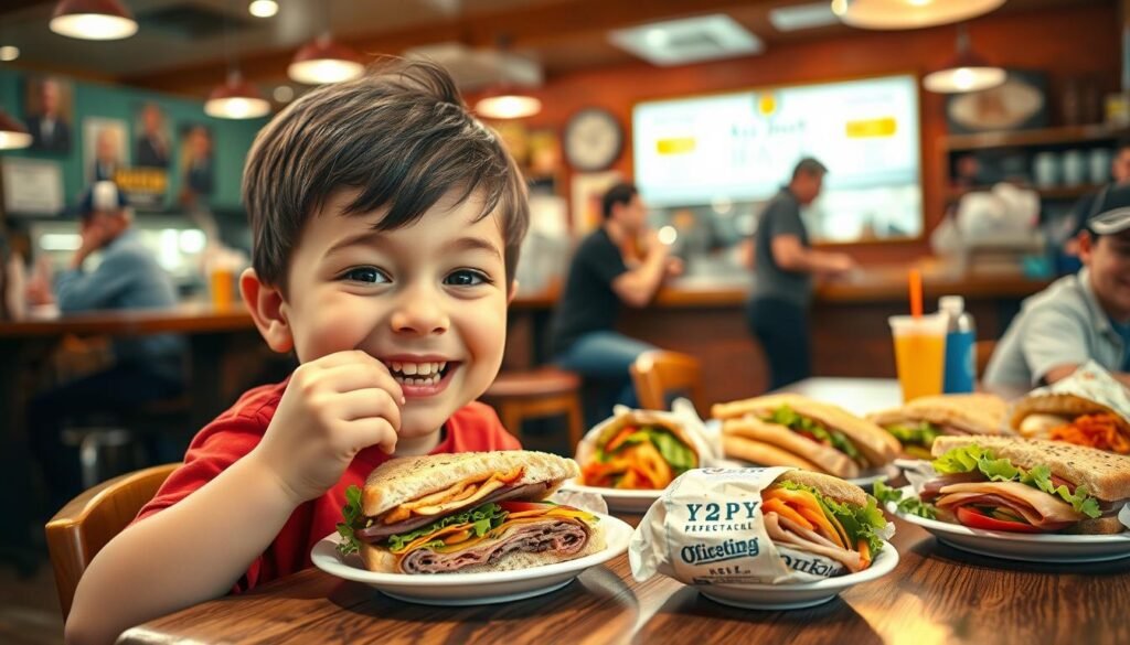 A vibrant, inviting scene featuring a cheerful child, referred to as "Little John," sitting at a wooden table in a cozy deli setting. He is enjoying a meal that showcases a variety of colorful, budget-friendly sandwiches from a prominent sandwich shop. The foreground includes a close-up of Little John's joyful expression as he takes a big bite, highlighting his innocence and excitement. In the middle ground, a spread of sandwiches and sides is artfully arranged, with fresh ingredients visible, wrapped carefully for easy sharing. The background depicts a warmly lit deli ambiance, with friendly staff and customers in the distance, all in casual attire, contributing to a lively yet relaxed atmosphere. The lighting is soft and inviting, creating a sense of comfort and satisfaction with the perfect lunchtime experience. A vibrant, inviting scene featuring a cheerful child, referred to as "Little John," sitting at a wooden table in a cozy deli setting. He is enjoying a meal that showcases a variety of colorful, budget-friendly sandwiches from a prominent sandwich shop. The foreground includes a close-up of Little John's joyful expression as he takes a big bite, highlighting his innocence and excitement. In the middle ground, a spread of sandwiches and sides is artfully arranged, with fresh ingredients visible, wrapped carefully for easy sharing. The background depicts a warmly lit deli ambiance, with friendly staff and customers in the distance, all in casual attire, contributing to a lively yet relaxed atmosphere. The lighting is soft and inviting, creating a sense of comfort and satisfaction with the perfect lunchtime experience.