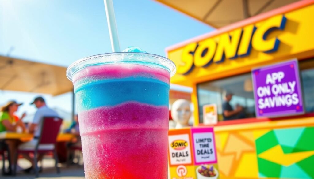 A vibrant, refreshing deals slush drink, featuring layers of bright, eye-catching colors like electric blue and neon pink, set against a backdrop of a sunny outdoor fast-food setting. In the foreground, the slush is presented in a clear, oversized cup, with condensation beads glistening under golden sunlight, and an inviting straw protruding from the top. In the middle, a few colorful promotional items such as small banners showcasing 'Limited-Time Deals’ and ‘App-Only Savings’ can barely be seen, emphasizing the marketing aspect. The background reveals a lively Sonic drive-in with cheerful customers enjoying their meals, adding to the atmosphere of excitement and savings. The overall mood is upbeat and appetizing, attracting viewers to the unique offerings available. A vibrant, refreshing deals slush drink, featuring layers of bright, eye-catching colors like electric blue and neon pink, set against a backdrop of a sunny outdoor fast-food setting. In the foreground, the slush is presented in a clear, oversized cup, with condensation beads glistening under golden sunlight, and an inviting straw protruding from the top. In the middle, a few colorful promotional items such as small banners showcasing 'Limited-Time Deals’ and ‘App-Only Savings’ can barely be seen, emphasizing the marketing aspect. The background reveals a lively Sonic drive-in with cheerful customers enjoying their meals, adding to the atmosphere of excitement and savings. The overall mood is upbeat and appetizing, attracting viewers to the unique offerings available.