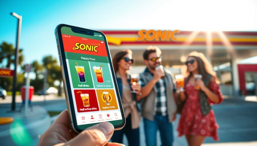 A vibrant scene showcasing the Sonic app on a modern smartphone, elegantly displayed in the foreground, capturing a close-up view of the screen featuring colorful drink options and appealing deal highlights. In the middle ground, a cheerful group of friends, dressed in casual yet stylish clothing, are happily enjoying their half-price drinks under a bright, sunny sky, conveying a sense of joy and camaraderie. The background includes a Sonic drive-in with its iconic signage and playful colors, emphasizing a fun, casual dining atmosphere. Soft sunlight bathes the scene, creating a warm and inviting mood, with a slight bokeh effect applied to the background to keep the focus on the app and the group. The composition is lively, celebrating the essence of Sonic's Happy Hour experience without any text or overlays. A vibrant scene showcasing the Sonic app on a modern smartphone, elegantly displayed in the foreground, capturing a close-up view of the screen featuring colorful drink options and appealing deal highlights. In the middle ground, a cheerful group of friends, dressed in casual yet stylish clothing, are happily enjoying their half-price drinks under a bright, sunny sky, conveying a sense of joy and camaraderie. The background includes a Sonic drive-in with its iconic signage and playful colors, emphasizing a fun, casual dining atmosphere. Soft sunlight bathes the scene, creating a warm and inviting mood, with a slight bokeh effect applied to the background to keep the focus on the app and the group. The composition is lively, celebrating the essence of Sonic's Happy Hour experience without any text or overlays.