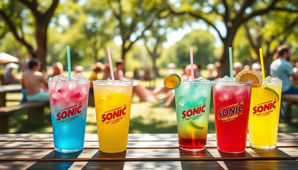 A vibrant summer scene featuring a selection of colorful Sonic drinks placed on a wooden picnic table. In the foreground, highlight four distinct drinks in large, frosty cups with ice, showcasing vivid colors like bright blue ocean, fruity pink, tangy yellow, and refreshing green, each garnished with fruit slices and colorful straws. In the middle, focus on a cheerful setting with a sun-drenched backdrop of a park filled with trees and families enjoying their drinks. The lighting is bright and inviting, capturing the essence of a warm summer day. Use a shallow depth of field to keep attention on the drinks while softly blurring the background. The atmosphere is lively and refreshing, suggesting a perfect summertime experience with friends and family.