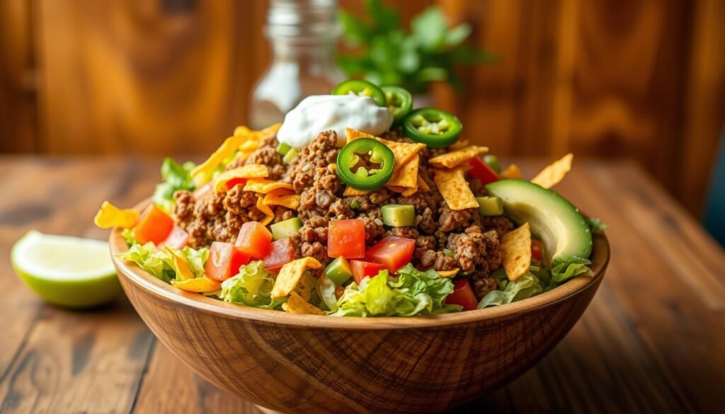 A vibrant taco salad served in a rustic, handcrafted bowl, positioned prominently in the foreground. The salad is a colorful mix of shredded lettuce, juicy diced tomatoes, fresh avocado slices, and crispy tortilla strips. Generously topped with seasoned ground beef, grated cheddar cheese, and a dollop of sour cream. In the middle ground, a fresh lime wedge and sliced jalapeños add a zesty touch. The background features a cozy dining setting with wood textures and soft, warm lighting that creates an inviting atmosphere, evoking a sense of casual dining. The scene is captured with a slight top-down angle, emphasizing the layers and textures of the salad, conveying both freshness and a sense of indulgence. Bright and appetizing colors dominate the composition.