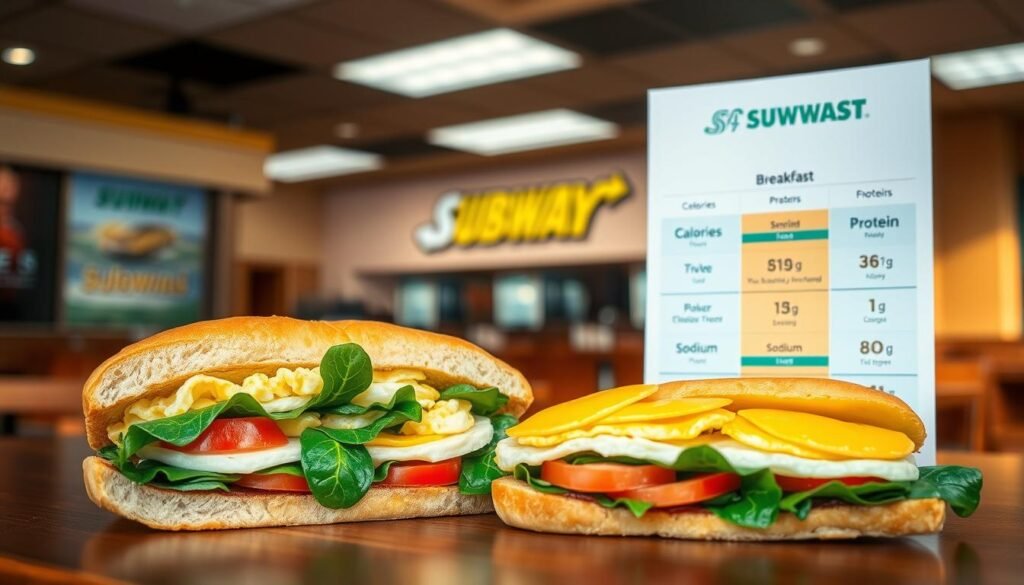A visually appealing arrangement of a Subway breakfast sandwich, freshly made and filled with vivid ingredients like scrambled eggs, cheese, tomatoes, and spinach, placed prominently in the foreground. Next to it, a clear and colorful infographic-style chart displaying calories, protein, and sodium content, lightly designed to complement the sandwich without overwhelming it. In the background, a softly lit Subway restaurant interior, featuring warm tones and a welcoming ambiance. The scene is captured from a slightly elevated angle, focusing on the sandwich and the chart, while creating a clean, professional atmosphere suitable for an informative article. Natural light filters through the restaurant windows, enhancing the freshness of the food.
