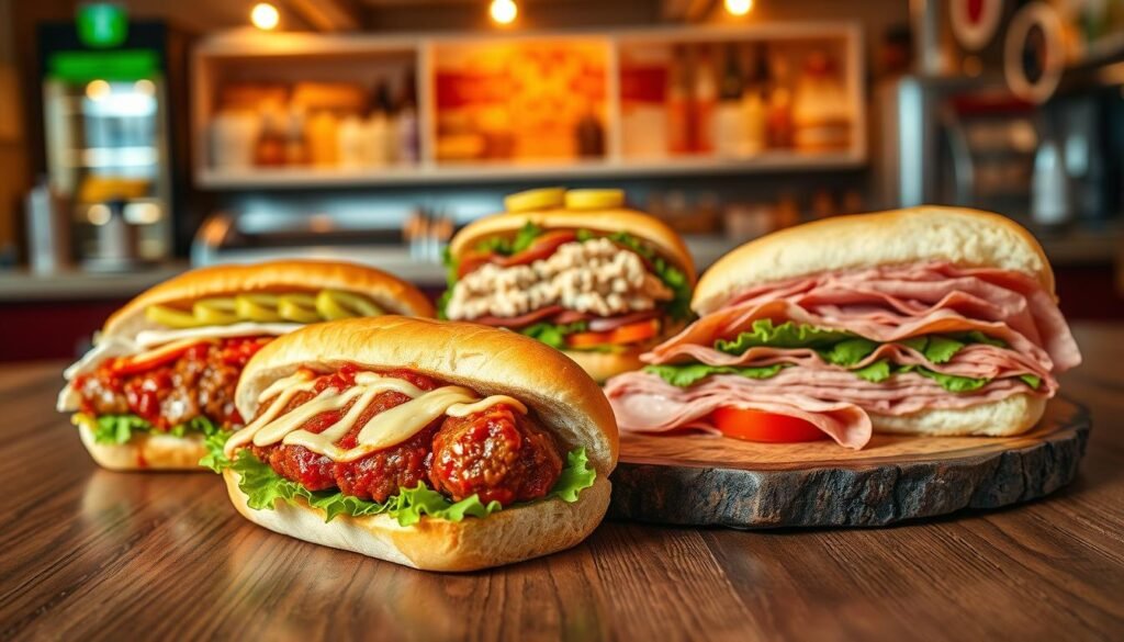 A visually appealing display of classic sandwiches arranged on a wooden table. In the foreground, a fresh and hearty meatball sub, overflowing with marinara sauce and melted cheese, sits alongside a turkey sub loaded with crisp lettuce and ripe tomatoes. In the middle ground, a tuna salad sandwich garnished with pickles and a classic Italian BMT, featuring layers of salami, pepperoni, and ham are elegantly presented on a rustic platter. The background features a softly blurred deli counter, with warm lighting highlighting the freshness of the ingredients. The atmosphere is inviting and nostalgic, evoking a sense of comfort and satisfaction associated with enjoying a classic sandwich. The perspective is at eye level, capturing the details and textures of the sandwiches, with an emphasis on appetizing colors and inviting presentation.
