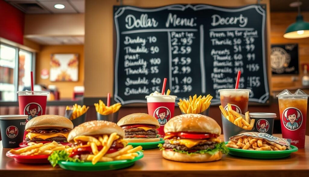 A visually engaging composition illustrating a table filled with Wendy's dollar menu items, showcased prominently in the foreground. The items include a variety of burgers, fries, and beverages, beautifully arranged on colorful diner plates. In the middle ground, include a chalkboard menu displaying past and present prices in a stylish, handwritten format, subtly reflecting the theme of value deals. The background features a warm, inviting fast-food restaurant setting, with cheerful lighting that suggests a lively atmosphere. Use a slightly shallow depth of field to draw focus to the dollar menu items while keeping the background softly blurred. Aim for a bright and upbeat mood that emphasizes affordability and variety. Avoid any text or logos in the image.
