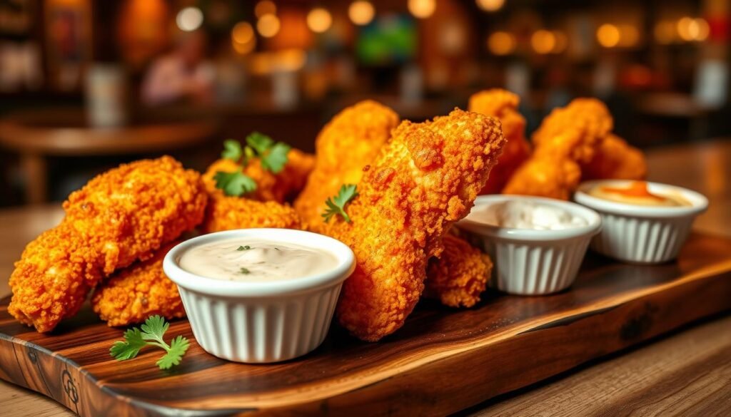 Golden, crispy chicken tenders arranged artfully on a rustic wooden platter, garnished with fresh parsley. In the foreground, a few tenders are displayed with a side of creamy dip in a small white bowl, speckled with herbs. The vibrant colors of the tenders contrast beautifully with the dark wood backdrop. In the middle ground, a few dipping sauces in classic small ramekins include honey mustard, BBQ, and ranch, each showcasing their rich textures. The background softly blurs out, featuring hints of a cozy diner setting with warm, inviting lighting. The mood is casual and appetizing, evoking a sense of comfort food perfection, ideal for a fast-food restaurant menu. Shot from a slight angle to emphasize the texture and crispness of the chicken. Golden, crispy chicken tenders arranged artfully on a rustic wooden platter, garnished with fresh parsley. In the foreground, a few tenders are displayed with a side of creamy dip in a small white bowl, speckled with herbs. The vibrant colors of the tenders contrast beautifully with the dark wood backdrop. In the middle ground, a few dipping sauces in classic small ramekins include honey mustard, BBQ, and ranch, each showcasing their rich textures. The background softly blurs out, featuring hints of a cozy diner setting with warm, inviting lighting. The mood is casual and appetizing, evoking a sense of comfort food perfection, ideal for a fast-food restaurant menu. Shot from a slight angle to emphasize the texture and crispness of the chicken.
